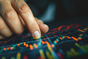 A financial expert pointing out a downward trend on the stock chart, demonstrating a decline in value