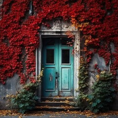 Fototapeta na wymiar A Blue Door Surrounded By Red Leaves