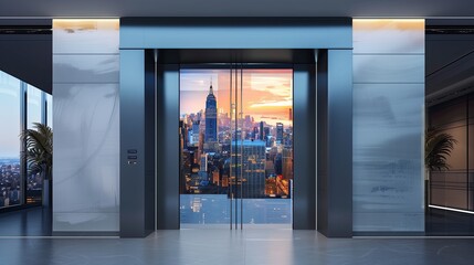 Sleek entrance with a door that features a live feed of cityscapes from drones