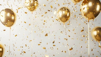 Abstract background gold fireworks and falling shiny confetti and balloon on white background Copy space Celebration and party copy space on left