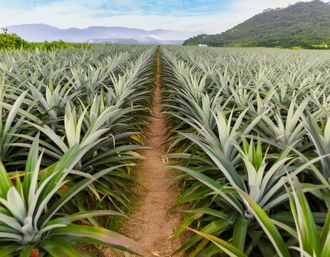 Ananasplantage auf Feld - Bio Ananasfeld - Anansaspflanzen mit Frucht - Ananas - n&auml;here Perspektive