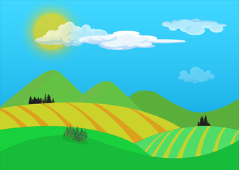 Obraz premium Paysage rural avec champs au premier plan, collines et ciel bleu avec soleil et nuages blancs 