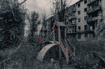 destroyed and burned houses in the city Russia Ukraine war
