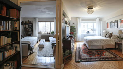 Compact studio reconfigured from open space to separated living and sleeping areas.