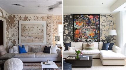 Old living room updated to a modern, cozy space with stylish furniture and colorful wall art.
