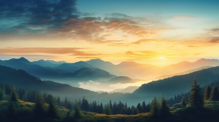 A panoramic view of the bright sunrise over the mountains. Cross-processed retro effect on filtered image