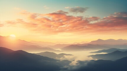 Obraz premium A panoramic view of the bright sunrise over the mountains. Cross-processed retro effect on filtered image