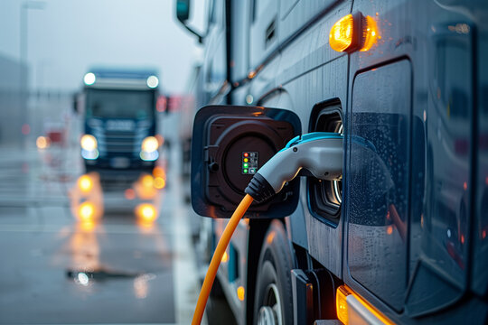 An electric truck connected to a charging station, illuminated by street lights on a wet evening. - Powered by Adobe