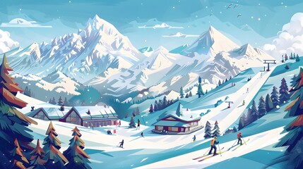 Idyllic winter ski resort with snowy mountain backdrop - obrazy, fototapety, plakaty