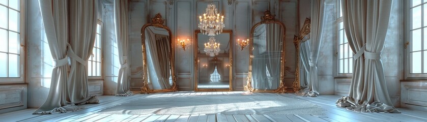 A large room with a chandelier and two mirrors