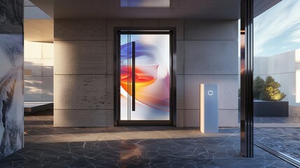 Sleek entrance with a door that displays abstract art and a smart air purification system