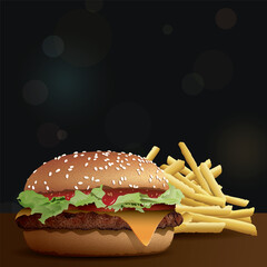 Homemade cheeseburger side view and french fries on wooden table have blurred night life square background with bokeh effect vector illustration have blank space for advertisement.