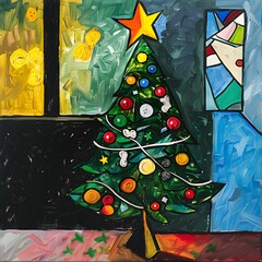 Colorful Abstract Christmas Tree Painting in Vermeer Style