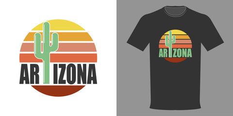 Vector illustration of T-shirt ARIZONA, cactus, sunset and desert. USA typographic print