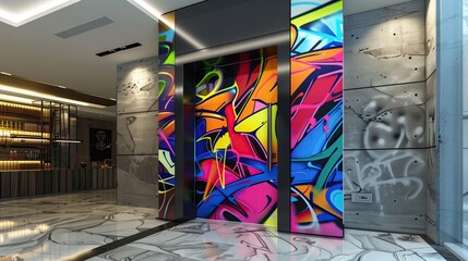 Sleek entrance with a door that has a dynamic graffiti art feature