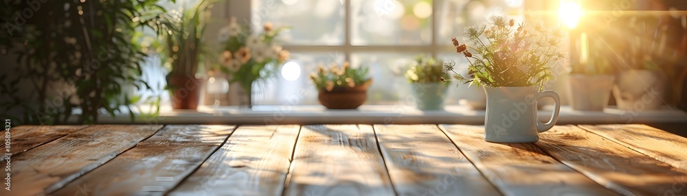 Sticker Cozy Ash Wood Table in Hazy Sunlit Brunch Spot with Ample Copy Space for Design or Product Placement