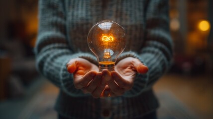 Obraz premium A man holding a light bulb in his hand seems to be offering a new idea, concept, innovative technology. Digital solutions.