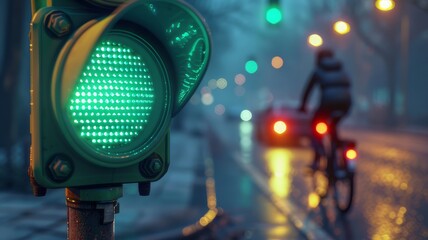 A traffic light glowing green for a cyclist. Concept of cycling in the city. Infrastructure for cycling.