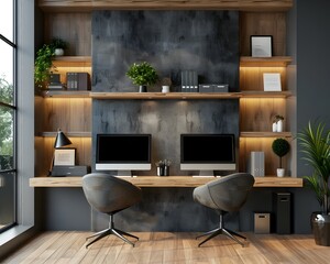 Modern Compact Urban Home Office with Built in Desks and Overhead Storage