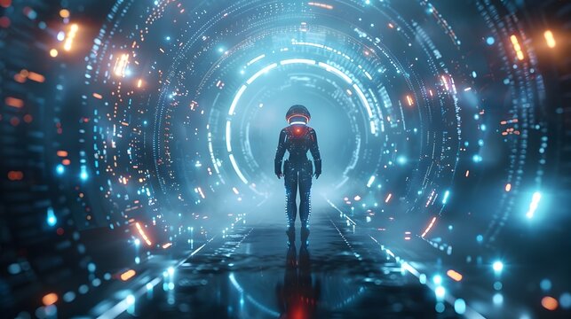 Futuristic Virtual Idol Escaping Digital Realm into Glowing Cosmic Vortex