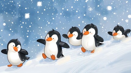 March of the cheerful penguins in a snowy winter wonderland