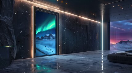 Sleek entrance with a door that can show a live feed of the northern lights