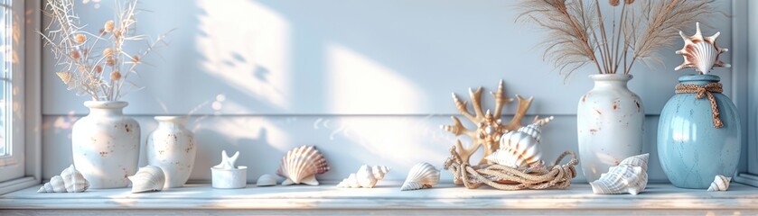 A white shelf with a blue vase and a bunch of shells on it - Powered by Adobe