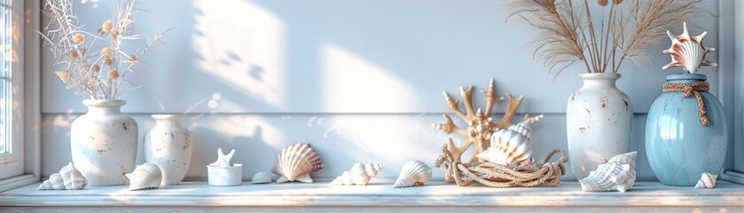 Obraz premium A white shelf with a blue vase and a bunch of shells on it