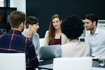 Team work, conversation and meeting with office desk, collaboration and company project. Employee, together and discussion for information, coworking and professional people for brainstorming idea