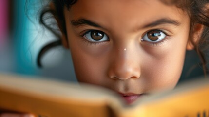 Close up of attractive child reading a book while looking at camera. Elementary student holding fairy tale novel book or bedtime stories with blurring background. Creative activity concept. AIG42. © InfiniteFlow
