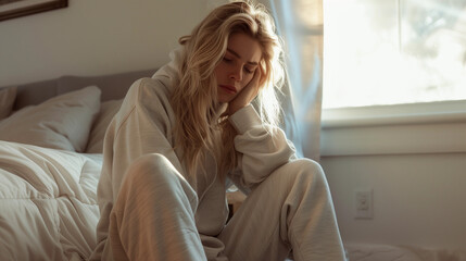Naklejka premium White bed bedroom vibes of woman holding face in sadness depression miscarriage stillbirth mourning infant baby loss lady grief depressed mental womens health loneliness anxiety DV domestic violence