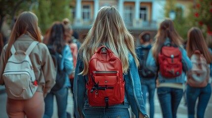 Obraz premium A group of students walking on the campus, one blonde girl with backpack is in focus. She has long hair, wearing jeans jacket and red backpack.
