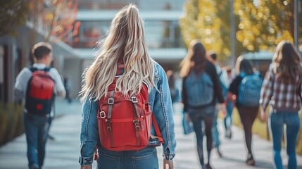 A group of students walking on the campus, one blonde girl with backpack is in focus. She has long hair, wearing jeans jacket and red backpack.