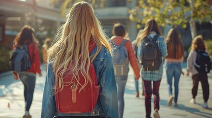A group of students walking on the campus, one blonde girl with backpack is in focus. She has long hair, wearing jeans jacket and red backpack.