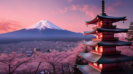 Japan's Fujiyoshida Gorgeous view of Chureito Pagoda and Mount Fuji at dusk, Japan during cherry...