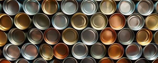 Highpolish tin cans arranged in a grid pattern, the metallic surfaces glinting under bright lighting