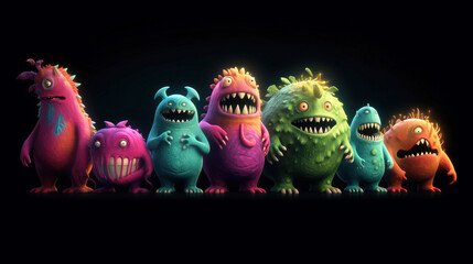 Various sizes, colors scary terrible toy monsters in a row, black background isolate. AI generated.
