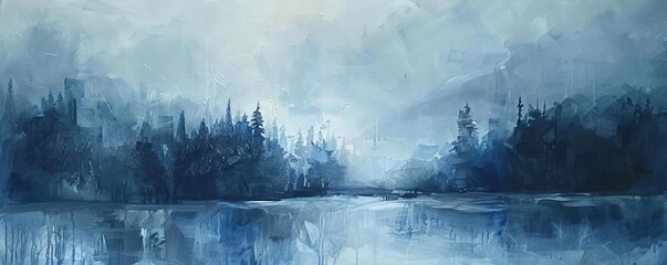Horizontal brushstrokes in cool blues and greys, suggesting the tranquil atmosphere of a misty morning