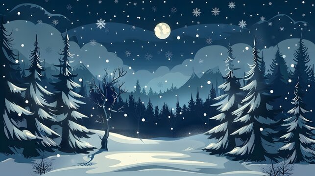Moonlit snowy forest with tranquil winter charm