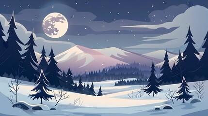 Moonlit winter landscape with serene snow covered hills and forest