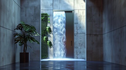 Sleek entrance with a door that has a calming waterfall animation - Powered by Adobe