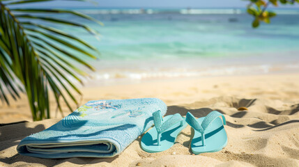 Obraz premium flip flops and a beach towel on the sand, seaside background, realistic photo style, focus on the essential beach gear for summer