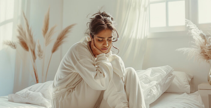 White bed bedroom vibes Aboriginal woman holding stomach in pain period cramp pcos endo with discomfort menstrual cycle female lady depression fatigue hormone gynecology womens health fertility DV