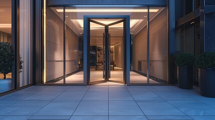 Obraz premium Sleek entrance with a frameless pivoting door and a hidden smart lock system