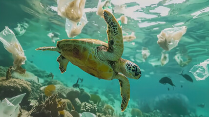 A turtle swims in the sea with lots of plastic bags around it, ocean pollution, plastic waste