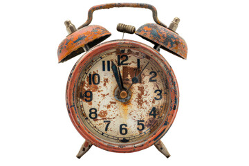 Antique rusty alarm clock, transparent or isolated on white background