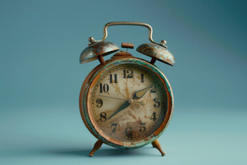 Antique rusty alarm clock with blue background