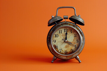 Antique rusty alarm clock with orange background