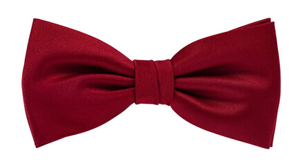 Top view of red satin bow tie, isolated cutout on transparent background.