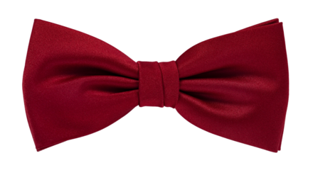 Top view of red satin bow tie, isolated cutout on transparent background.